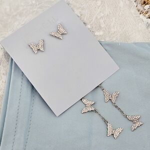 Kleinfeld Earrings Silver Tone Pavé Crystal Butterfly Linear Drop Wedding Bridal